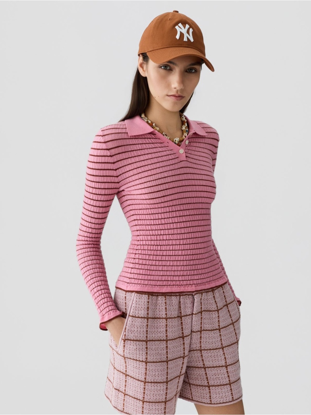NWT Guest in Residence Smocked LS Shrunken Polo M - Sprinkle/Burnt Siena